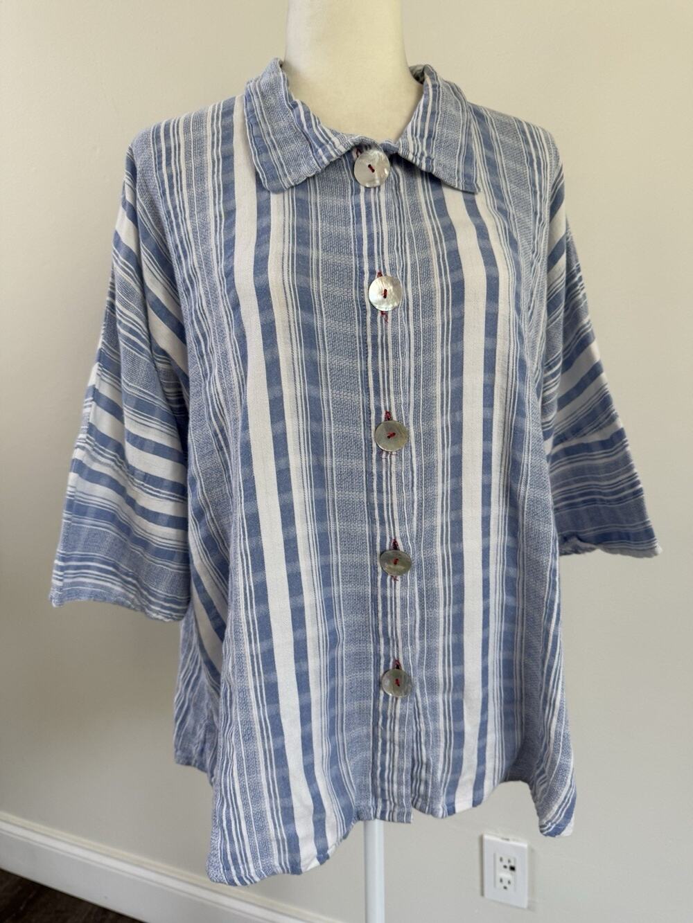 Parsley & Sage Women Blouse Cotton Button Front Striped 3/4 Sleeves Shirt 1X
